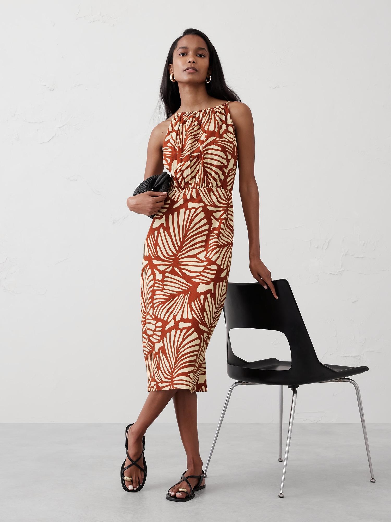 Linen-Blend High-Neck Midi Dress Product Image