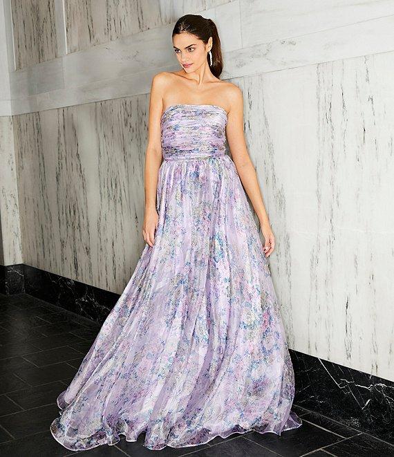 City Vibe Floral Print Square Neck Sleeveless Back Sash Tie Ballgown Product Image