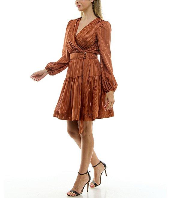 Taylor Lurex Shadow Stripe Surplice V-Neck Long Sleeve Wrap Dress Product Image