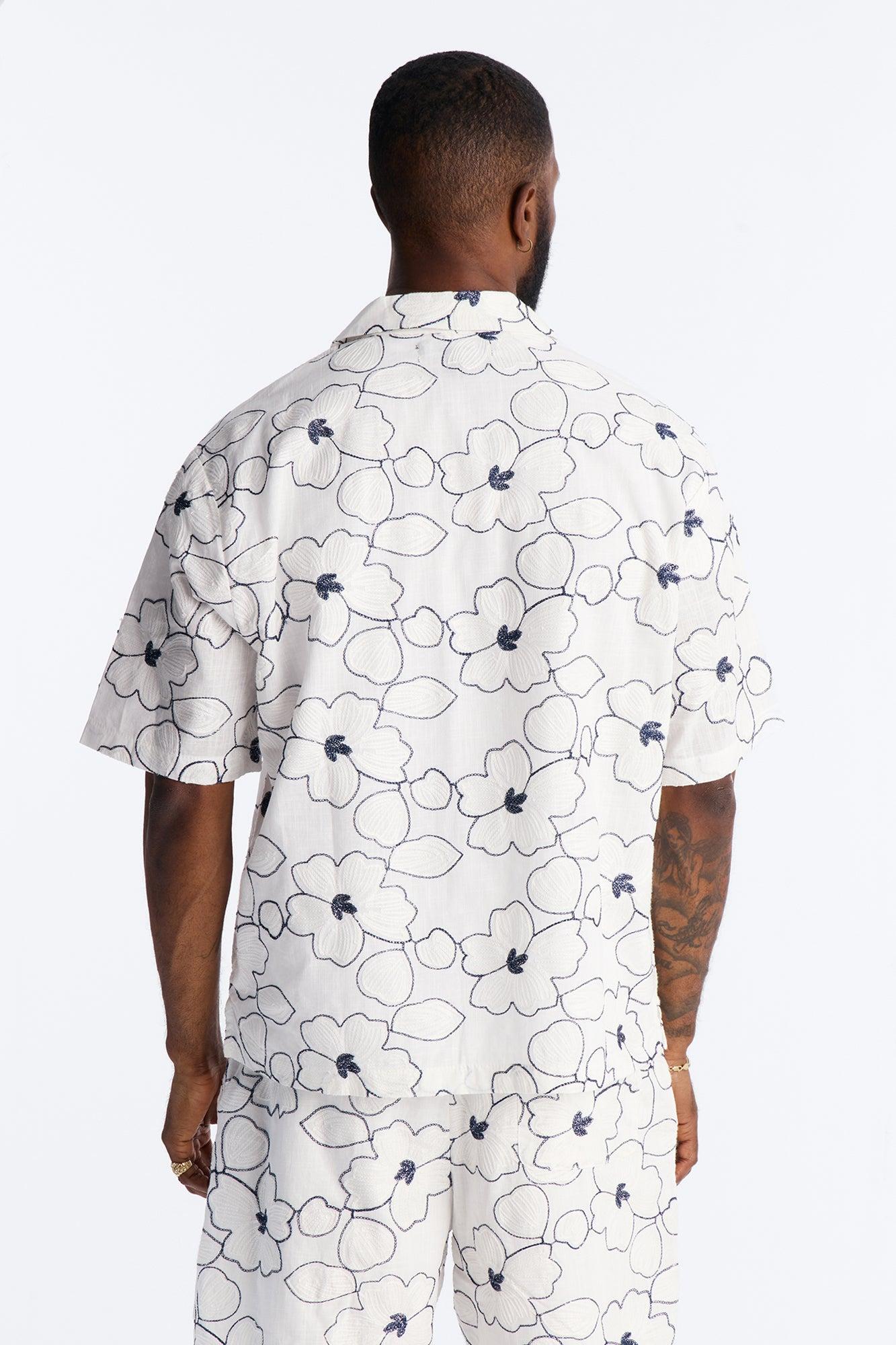Relaxed Sand Blossom Cuban Collar Button Up Shirt - White/combo Male Product Image