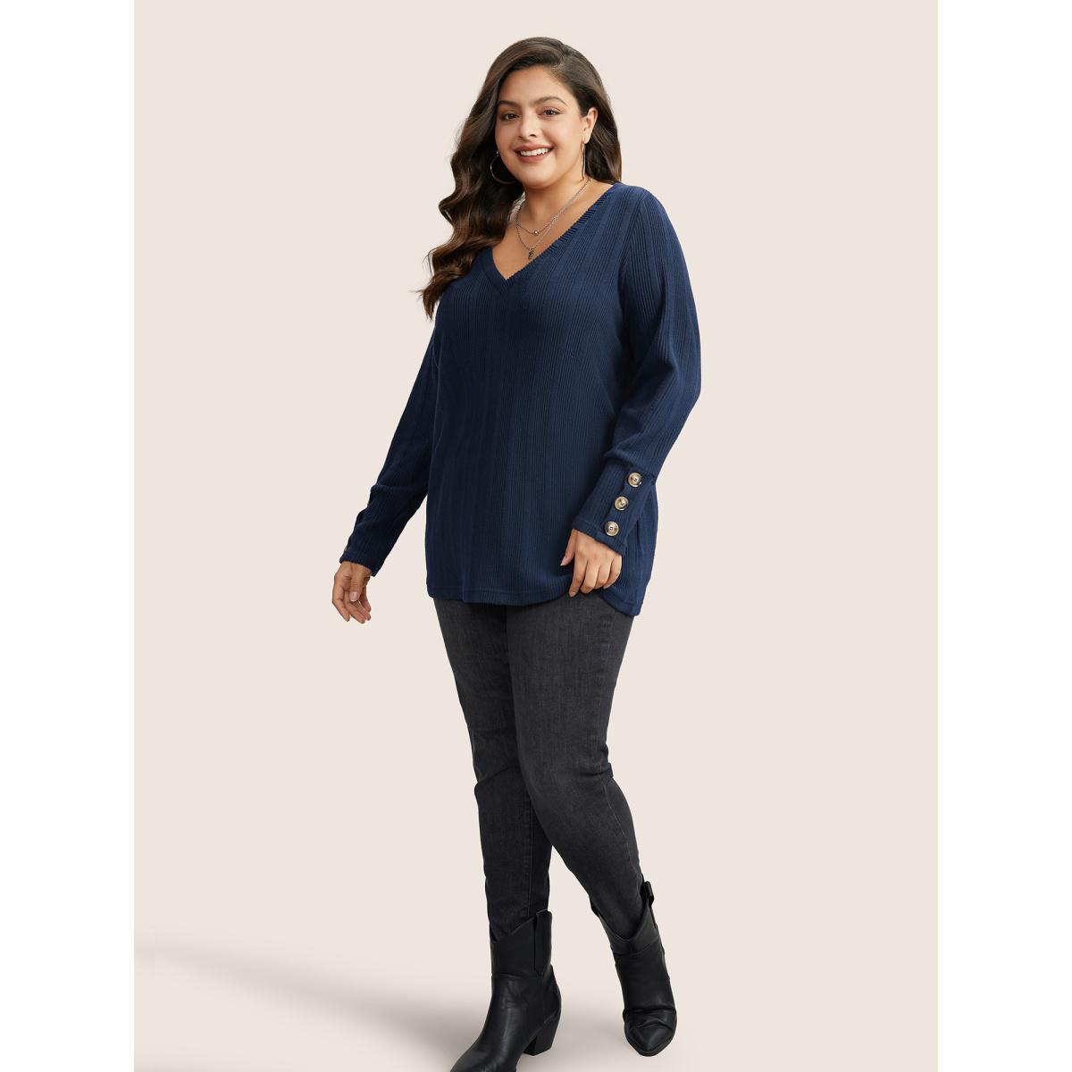 Plus Size Rib Knit V Neck Button Detail T-shirt Black Women Casual Non Plain V-neck Everyday T-shirts BloomChic 28/5X Product Image