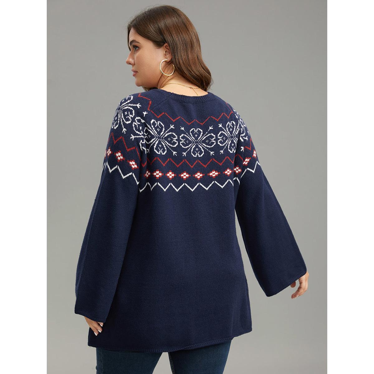 Plus Size Supersoft Essentials Geometric Bell Sleeve Pullover Indigo Women Casual Loose Long Sleeve Round Neck Dailywear Pullovers BloomChic 18-20/2X Product Image
