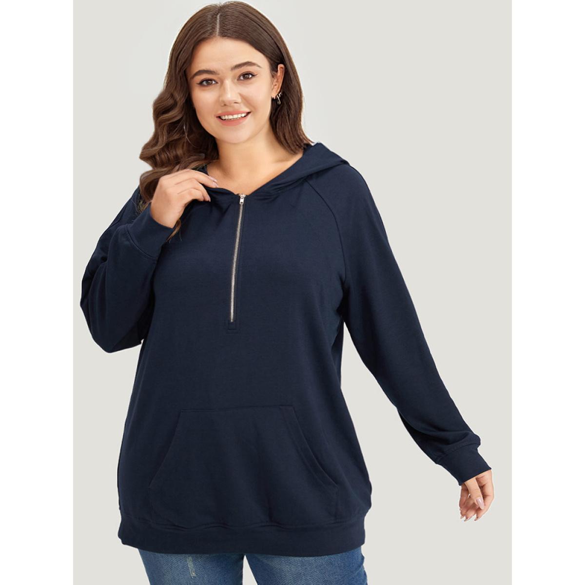 Plus Size Solid Half Zip Hooded Pocket Raglan Sleeve Sweatshirt Women Indigo Casual Elastic cuffs Hooded Dailywear Sweatshirts BloomChic 30/6X Product Image