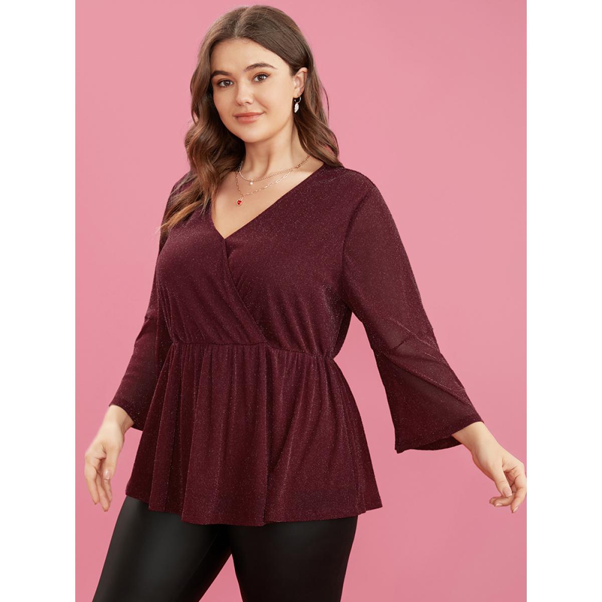 Plus Size Scarlet Solid Surplice Neck Bell Sleeve Glitter Blouse Women Glamour Elbow-length sleeve V-neck Dailywear Blouses BloomChic 10/M Product Image