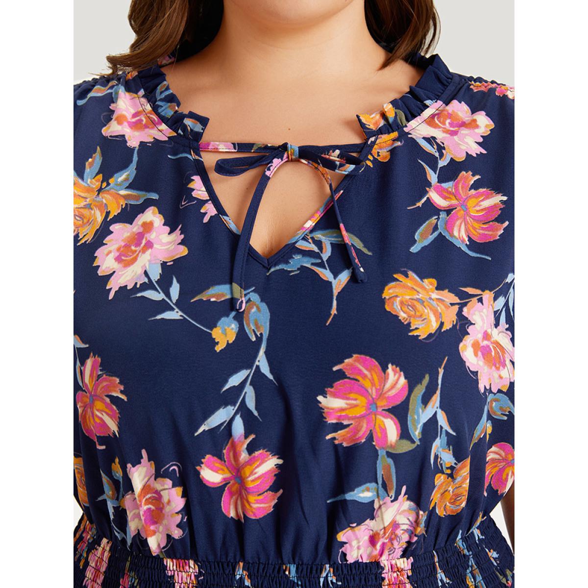 Plus Size Floral Knot Neck Drawstring Dolman Sleeve Shirred Dress Navy Women Elegant Frill Trim V-neck Short sleeve Curvy Midi Dress BloomChic 30/6X Product Image