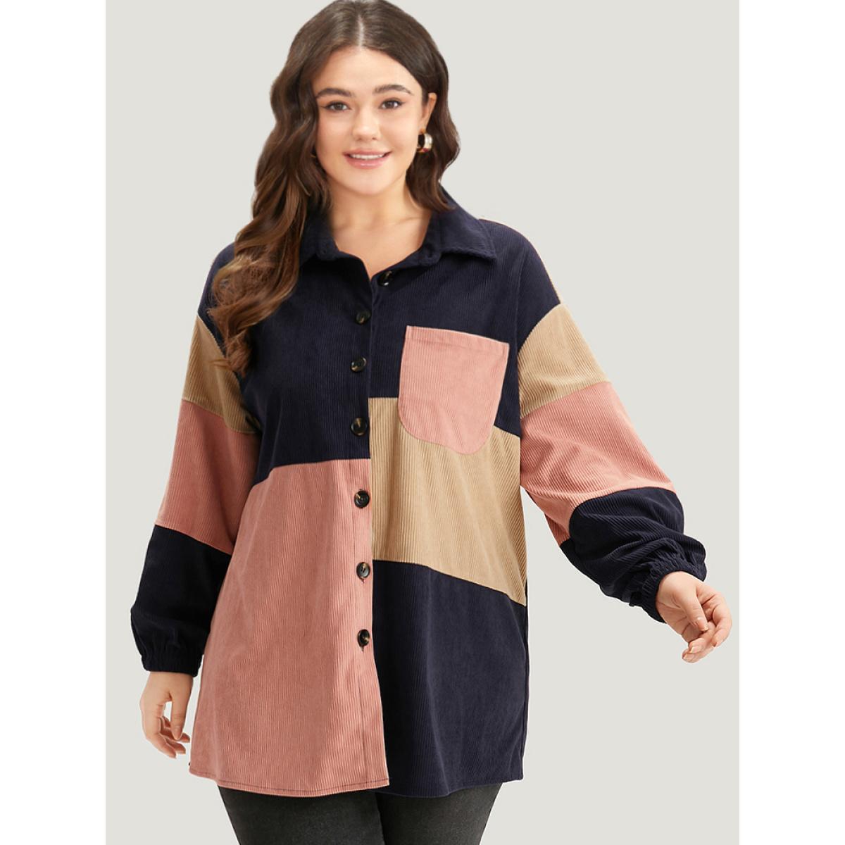 Plus Size Colorblock Contrast Patchwork Pocket Button Through Jacket Women DarkBlue Pocket Dailywear Jackets BloomChic 26/4X Product Image