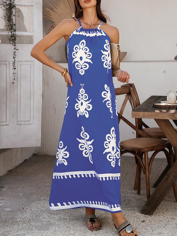A-Line Loose Contrast Color Halter-Neck Maxi Dresses Product Image