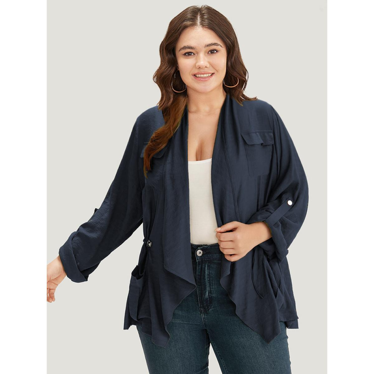 Plus Size Supersoft Essentials Plain Pocket Asymmetrical Drawstring Coat Women Indigo Plain Pocket Dailywear Jackets BloomChic 10/M Product Image