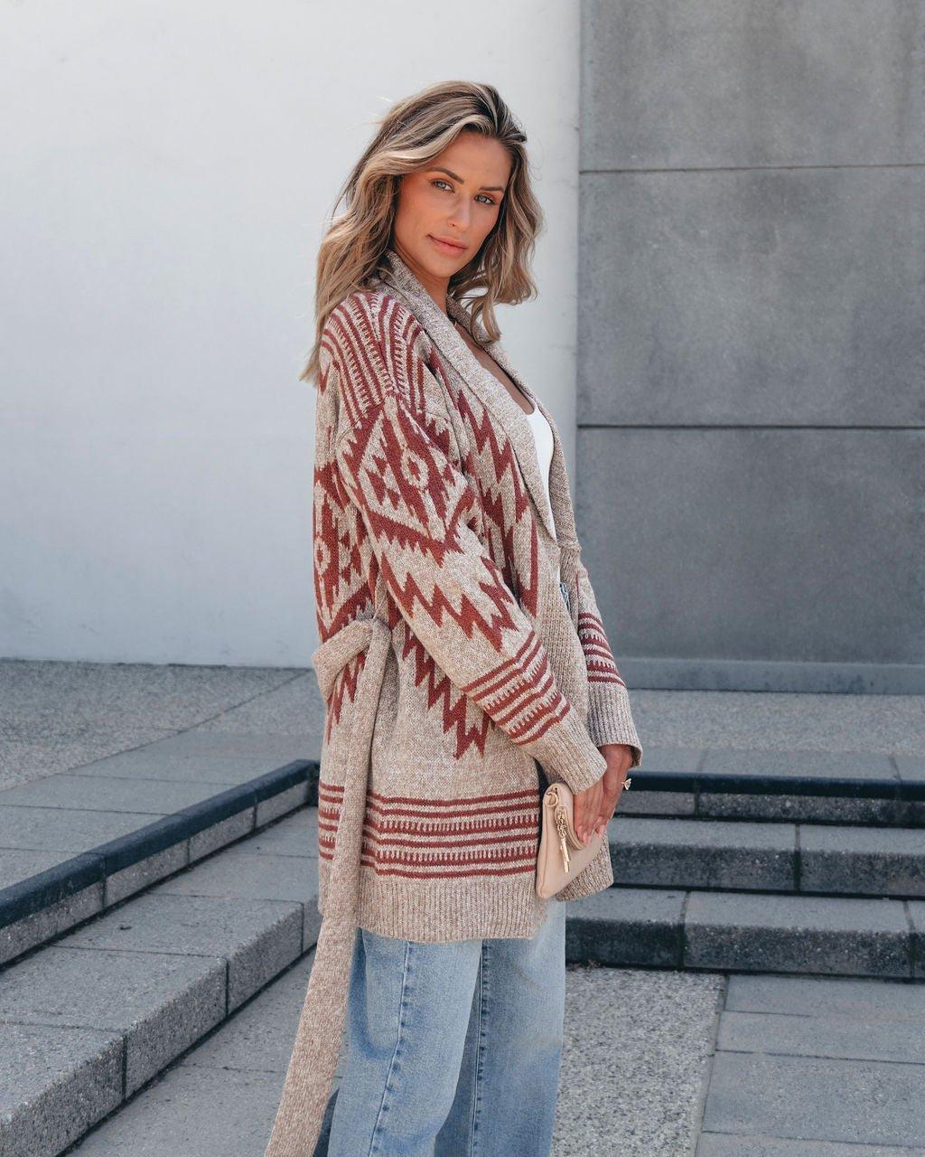 Taupe Aztec Belted Cardigan Female Product Image