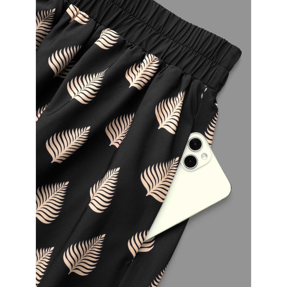 Plus Size Boho Print Elastic Waist Pocket Skirt Women BlackFlower Elegant Contrast Low stretch Slanted pocket Everyday Skirts BloomChic 10/M Product Image