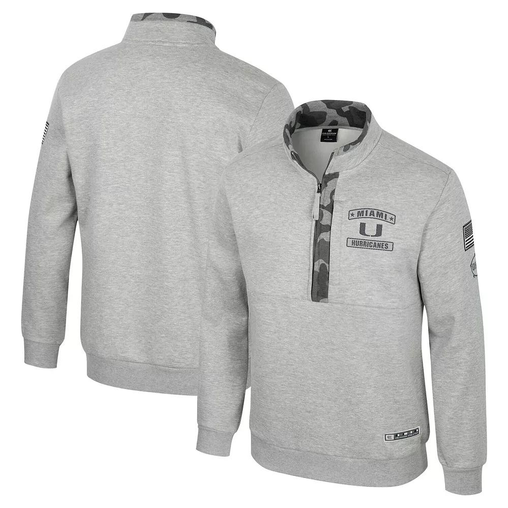 Men's Colosseum Heather Gray Miami Hurricanes OORAH OHT Military Appreciation Fleece Quarter-Zip Jacket,  Product Image