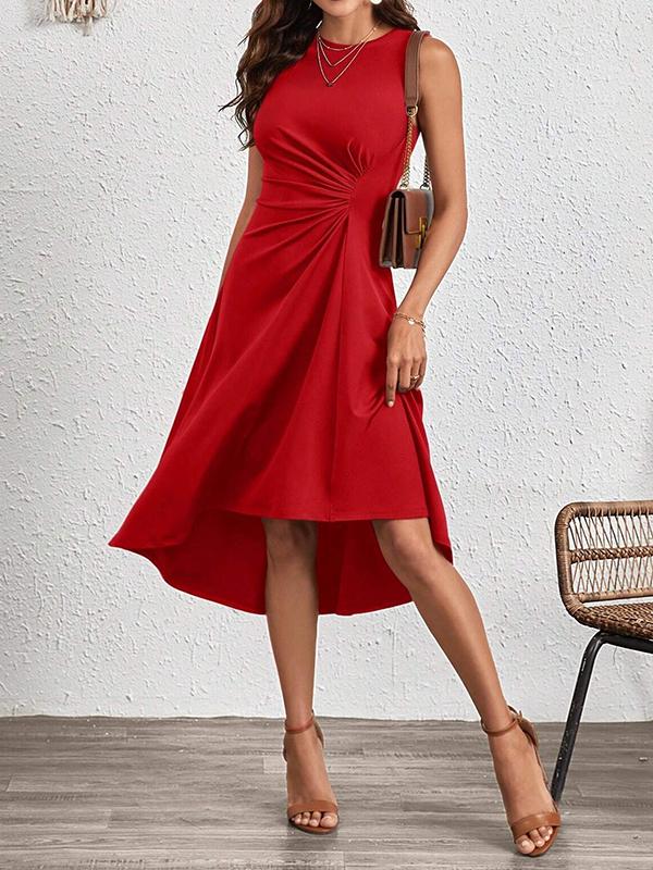 A-Line High Waisted Asymmetric Pleated Solid Color Split-Joint Round-Neck Midi Dresses Product Image