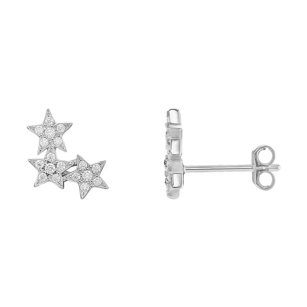 PRIMROSE Sterling Silver Pave Cubic Zirconia Triple Star Crawler Stud Earrings, Women's, Silver Tone Product Image