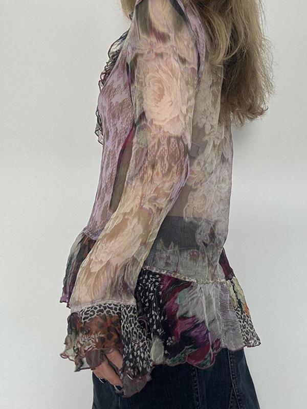 Lace-Trimmed V-Neck Blouse With Bell Long Sleeve Product Image