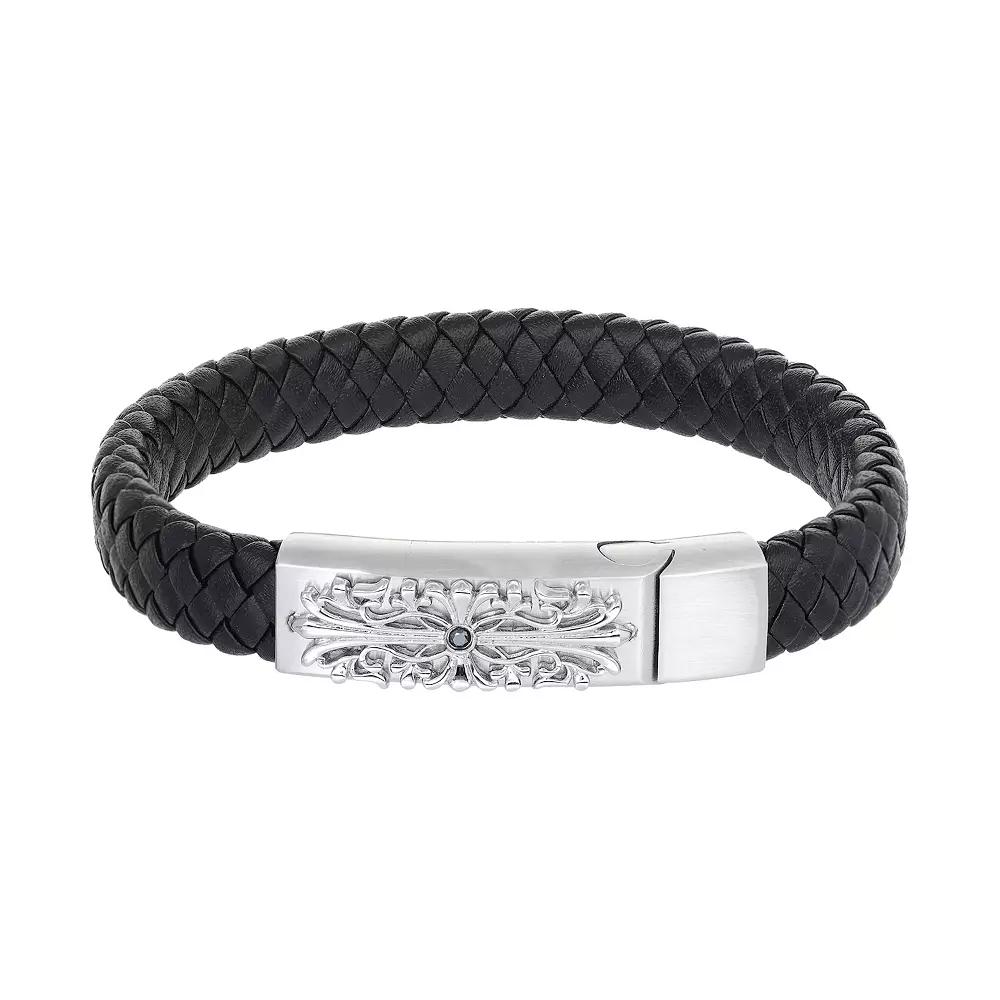 Men's LYNX Stainless Steel Black Diamond Accent Braided Leather Bracelet, Size: 8.5" Product Image