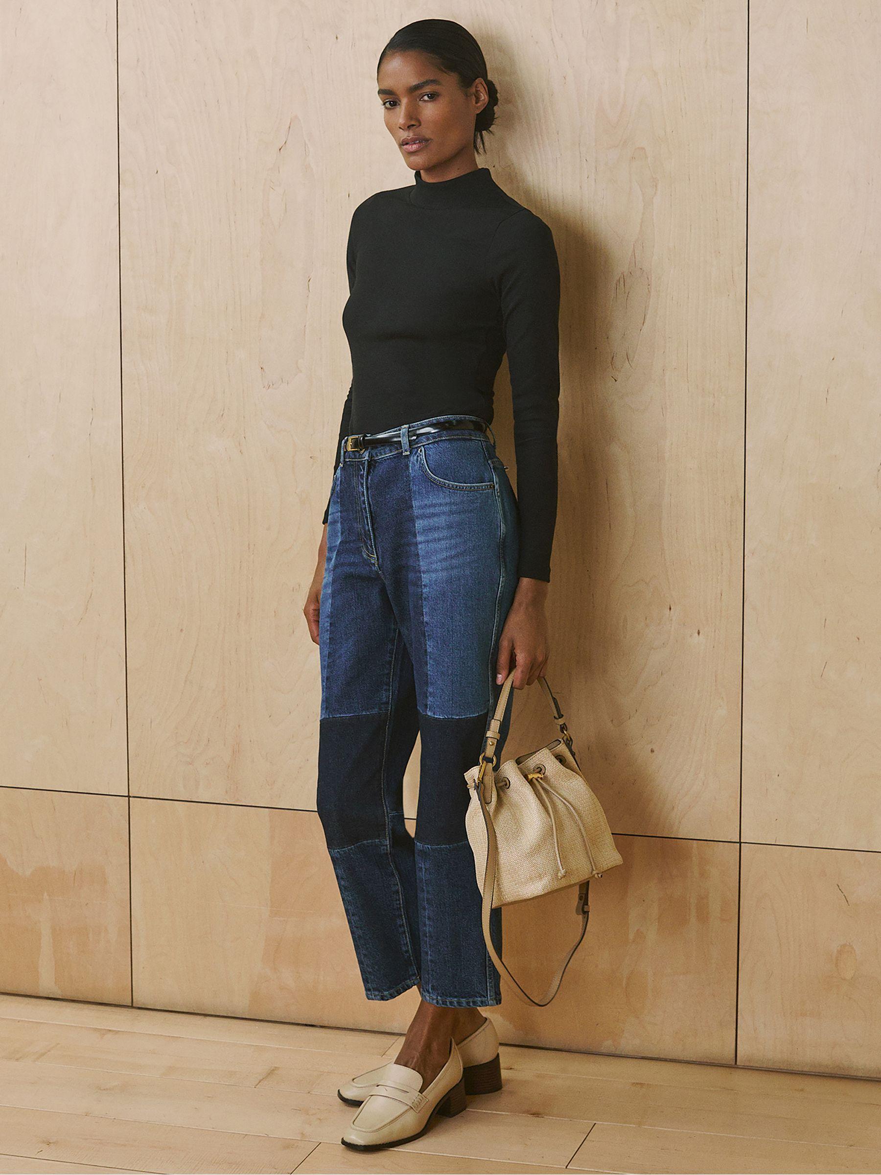 Petite Straight-Leg Patchwork Jeans in Mid Blue Product Image