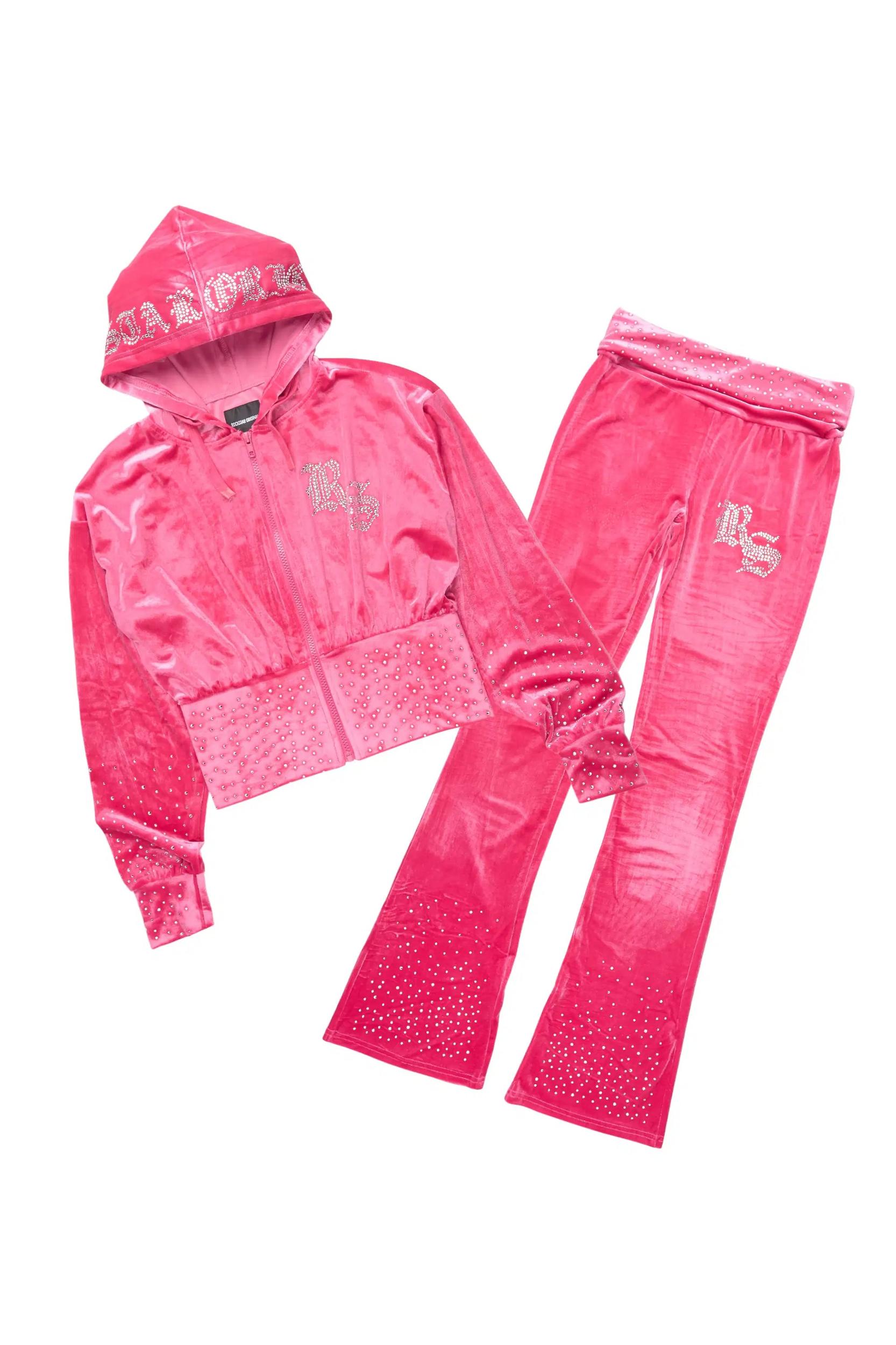 Rachell Hot Pink Rhinestone Velour Stacked Track Set Female Product Image
