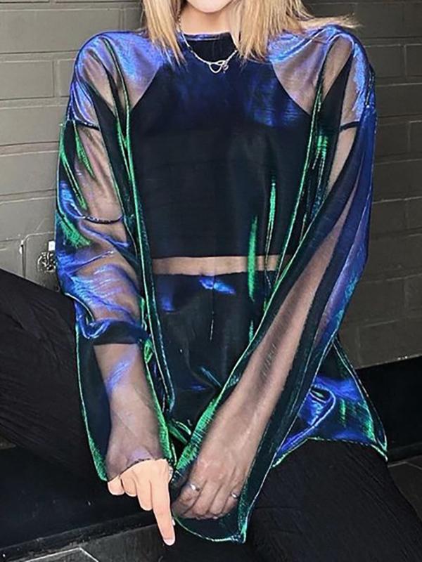 Long Sleeves Loose Gauze See-Through Round-Neck T-Shirts Tops Product Image