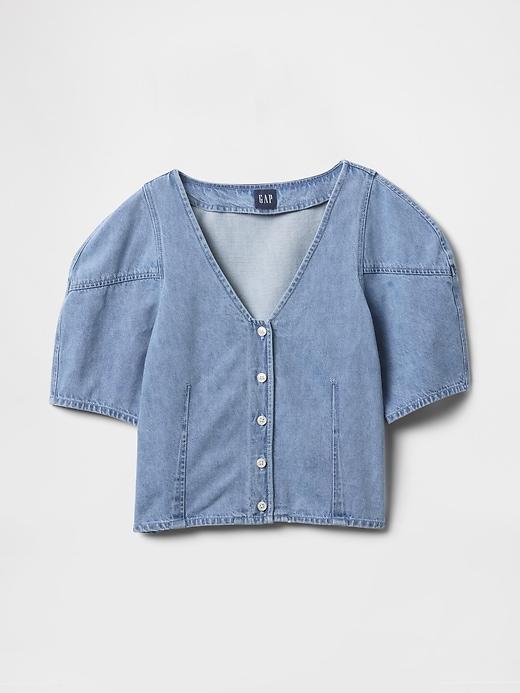 Cropped Puff-Sleeve Denim Shirt Product Image