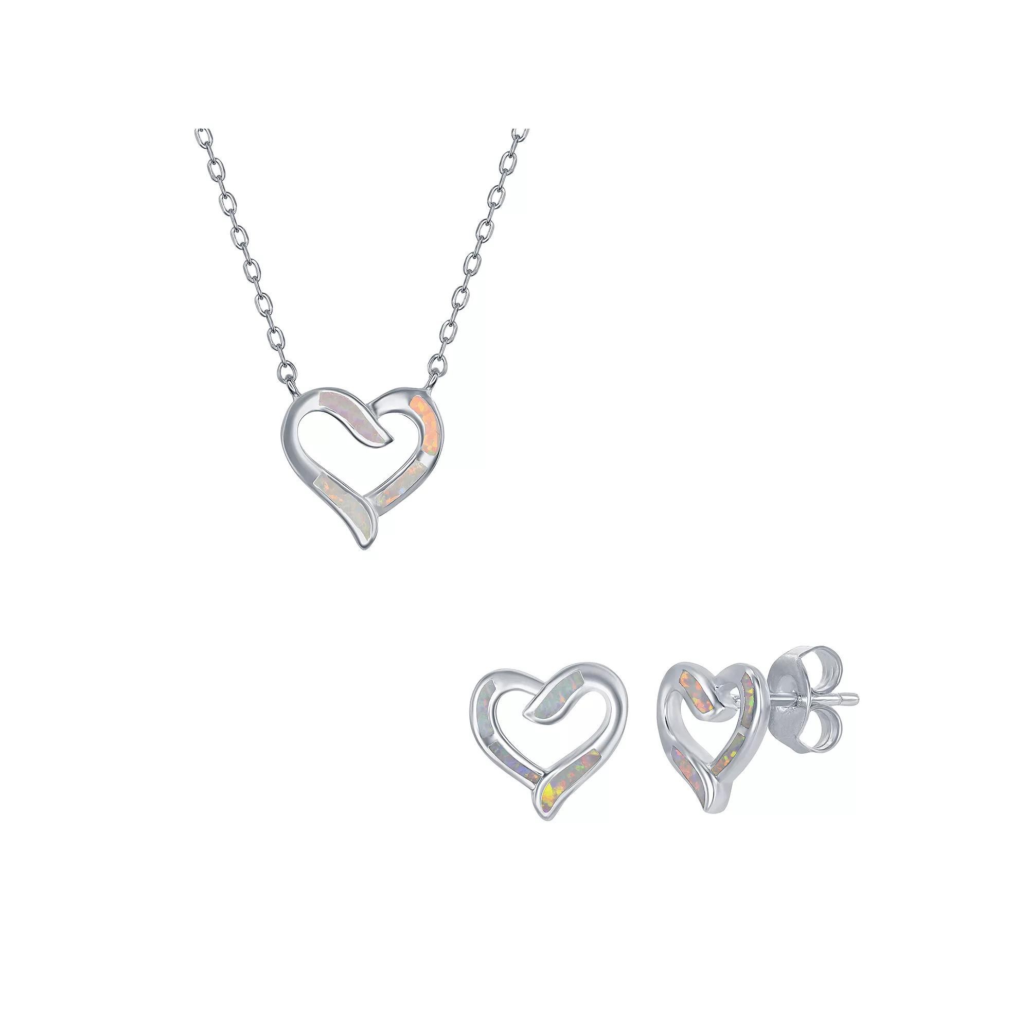 Sterling Silver Lab-Created Opal Open Heart Pendant Necklace & Earrings Set, Women's, Size: 18", White Product Image