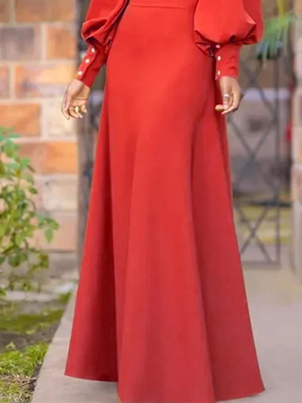 Long Sleeves Loose Buttoned Hollow Solid Color Split-Joint Round-Neck Maxi Dresses Product Image