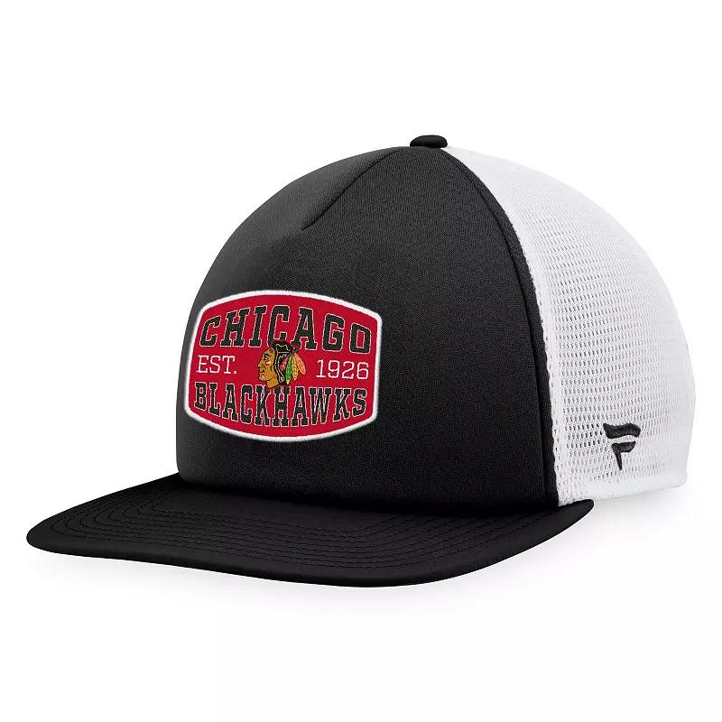 Men's Fanatics Branded Black/White Chicago Blackhawks Foam Front Patch Trucker Snapback Hat Product Image