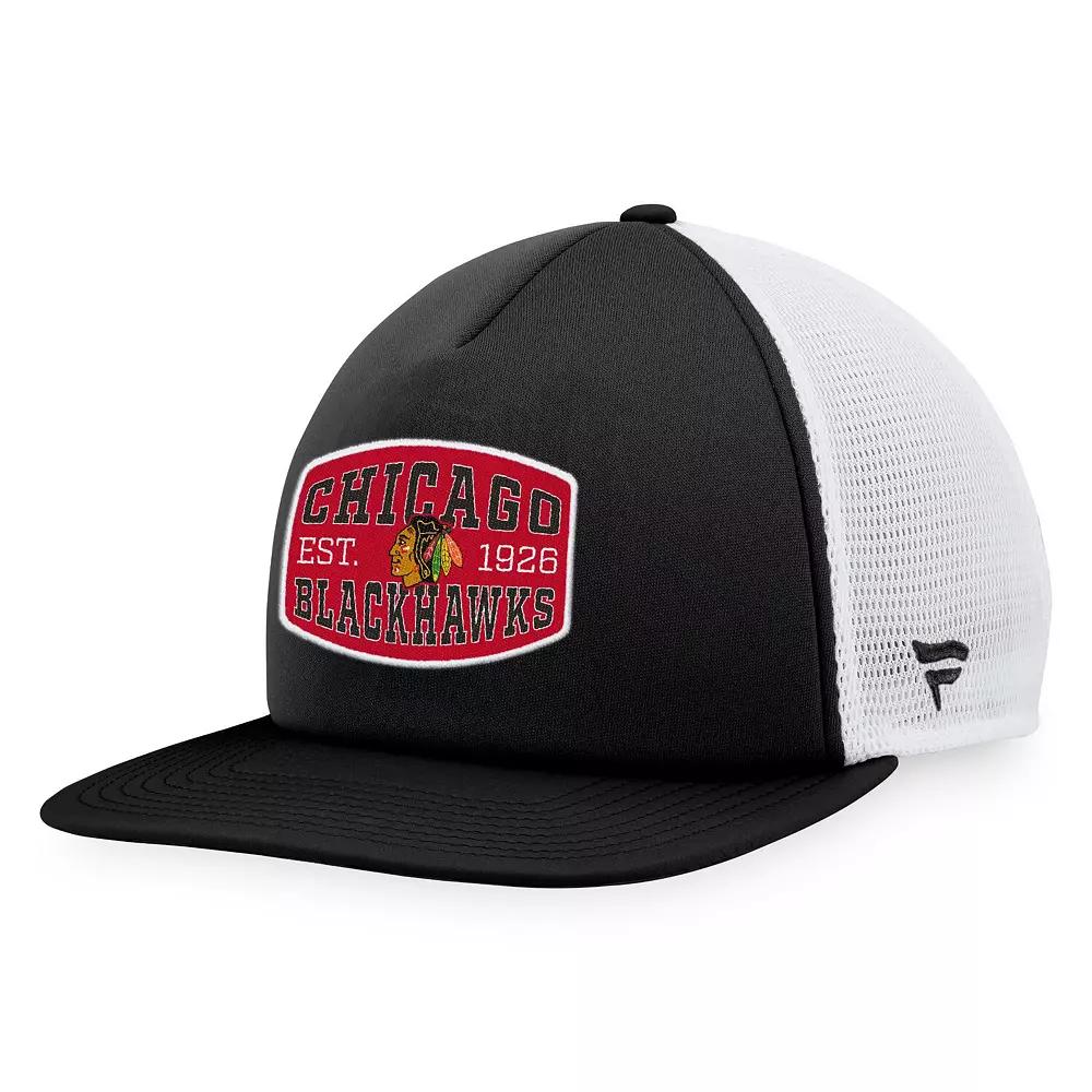 Men's Fanatics Branded Black/White Chicago Blackhawks Foam Front Patch Trucker Snapback Hat Product Image