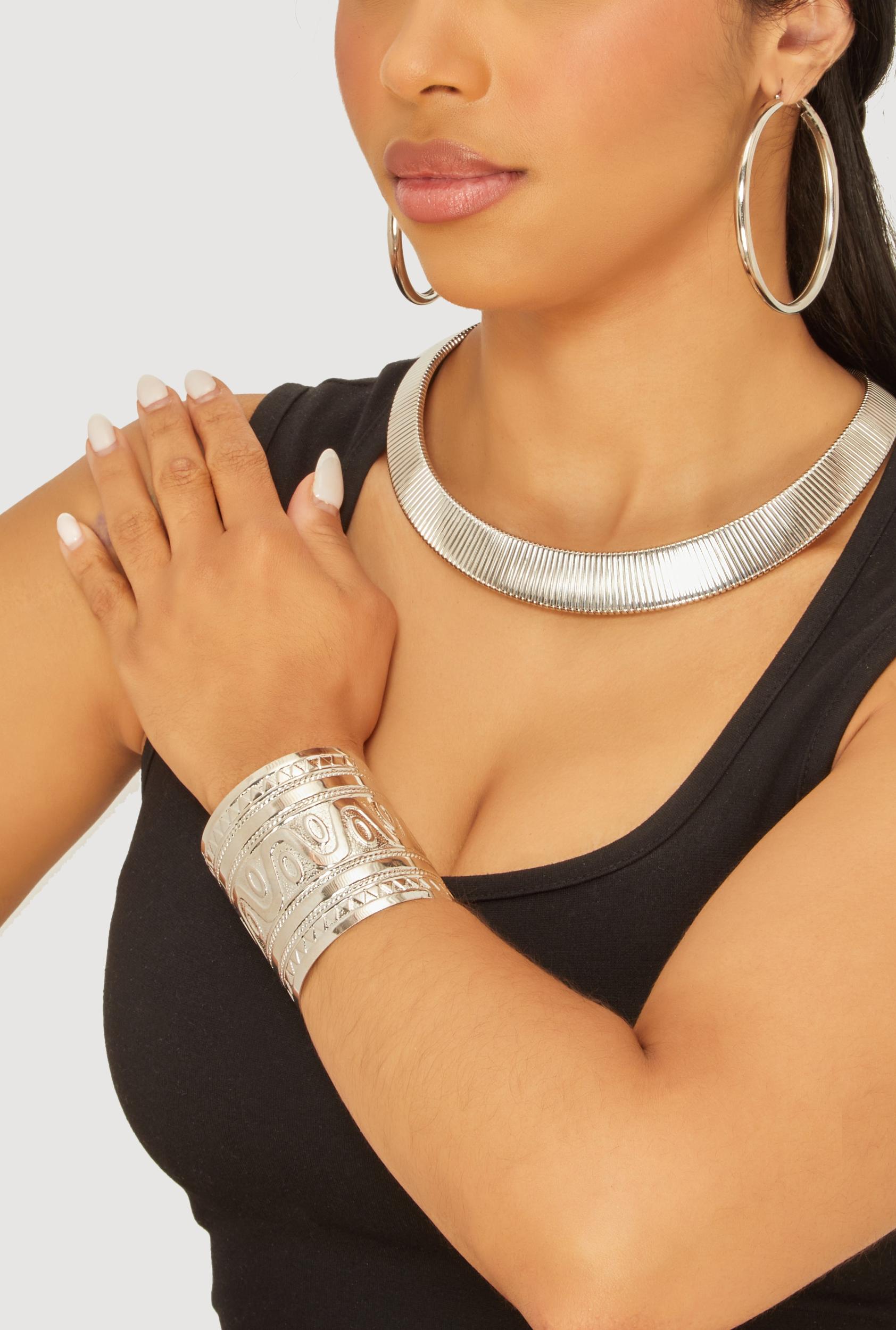 Metallic Hoop Earrings and Choker Necklace with Cuff Bracelet 3 Piece Set Unisex Product Image