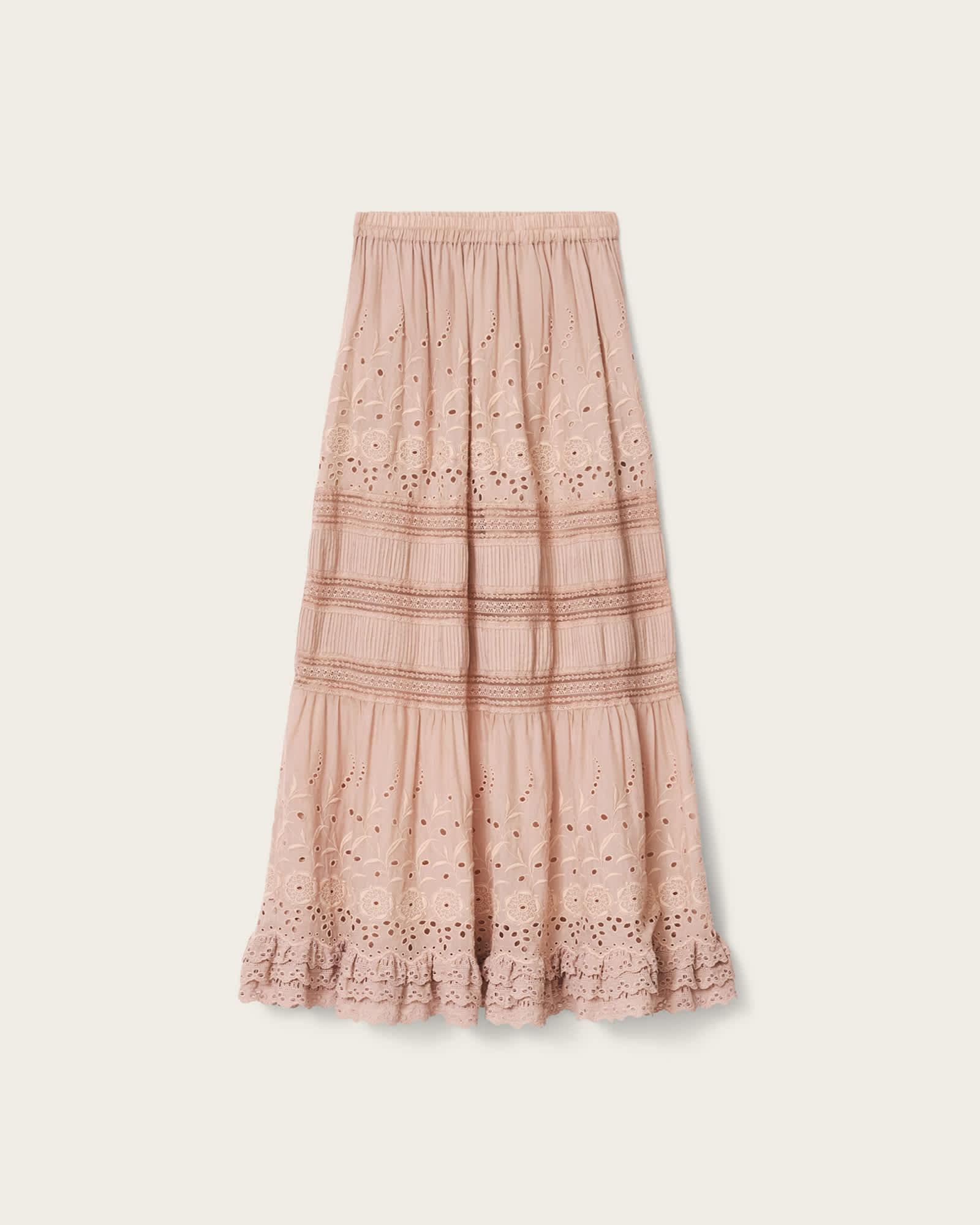 Camille Embroidered Tiered Maxi Skirt PLASTER PINK | ALLSAINTS US Product Image