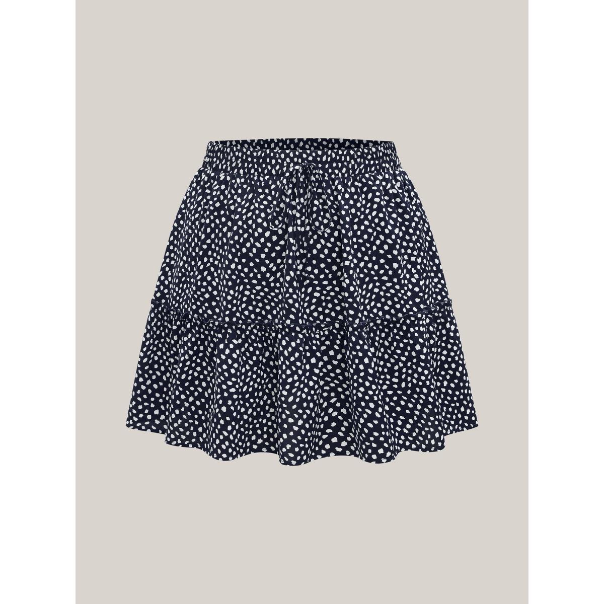 Plus Size Polka Dot Print Tiered Mini Skirt Women Indigo Elegant Drawstring Bodycon Low stretch Slanted pocket Everyday-Elegant Skirts BloomChic 12/L Product Image