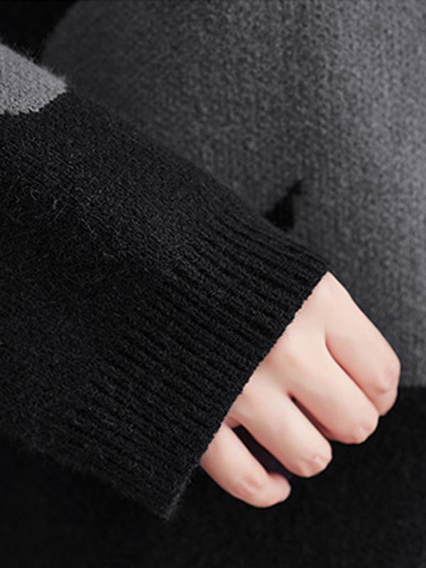 Casual Loose Long Sleeves Contrast Color Jacquard Round-Neck Sweater Tops Product Image