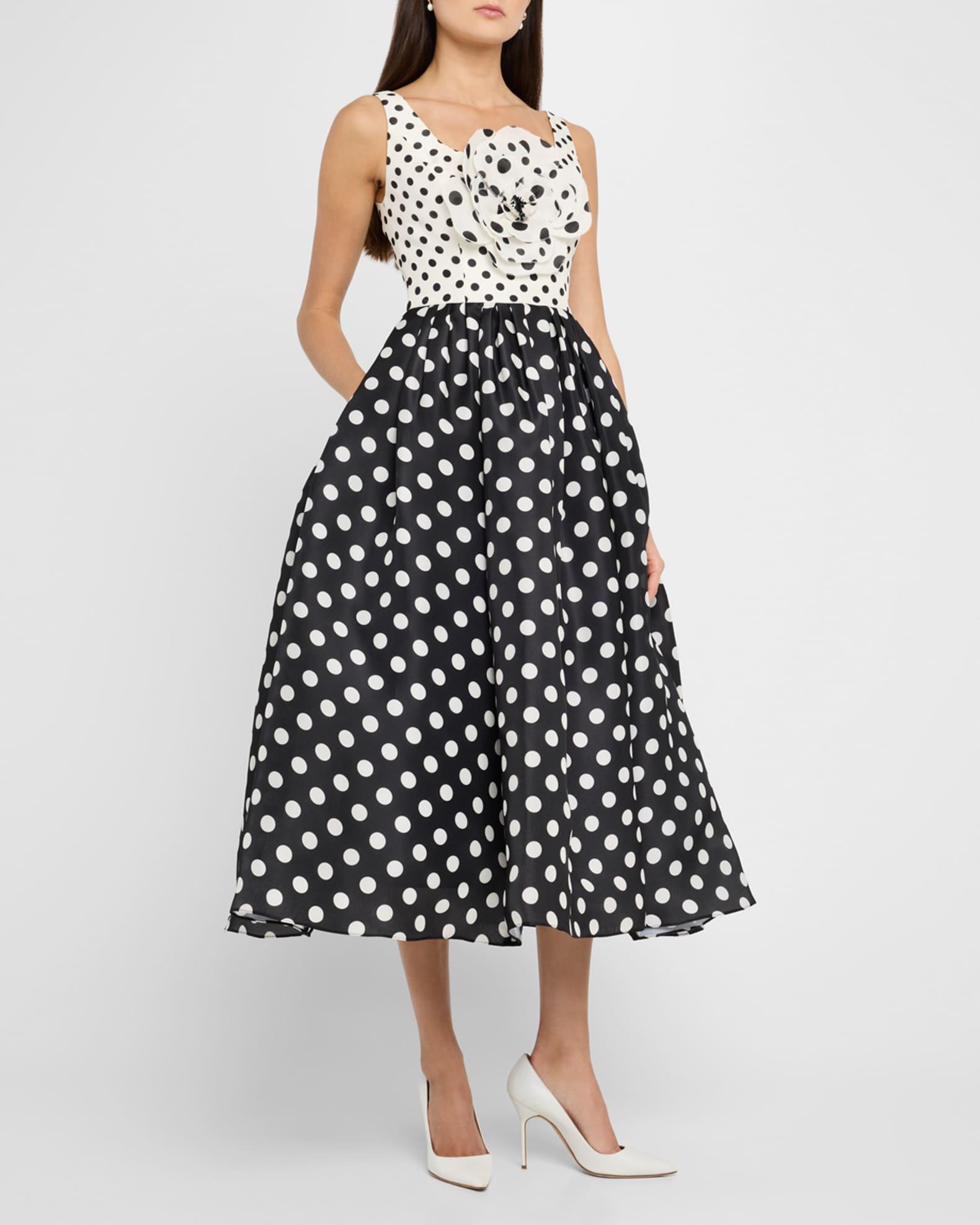 Polka-Dot Flower Sleeveless Tea-Length Dress Product Image