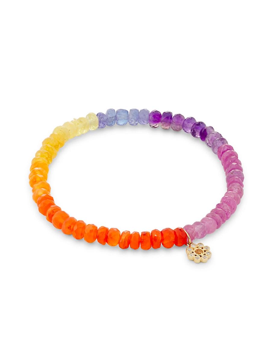 Womens Evil Eye Charm 14K Yellow Gold, 0.05 TCW Diamond, Sapphire & Semiprecious Stones Beaded Bracelet Product Image