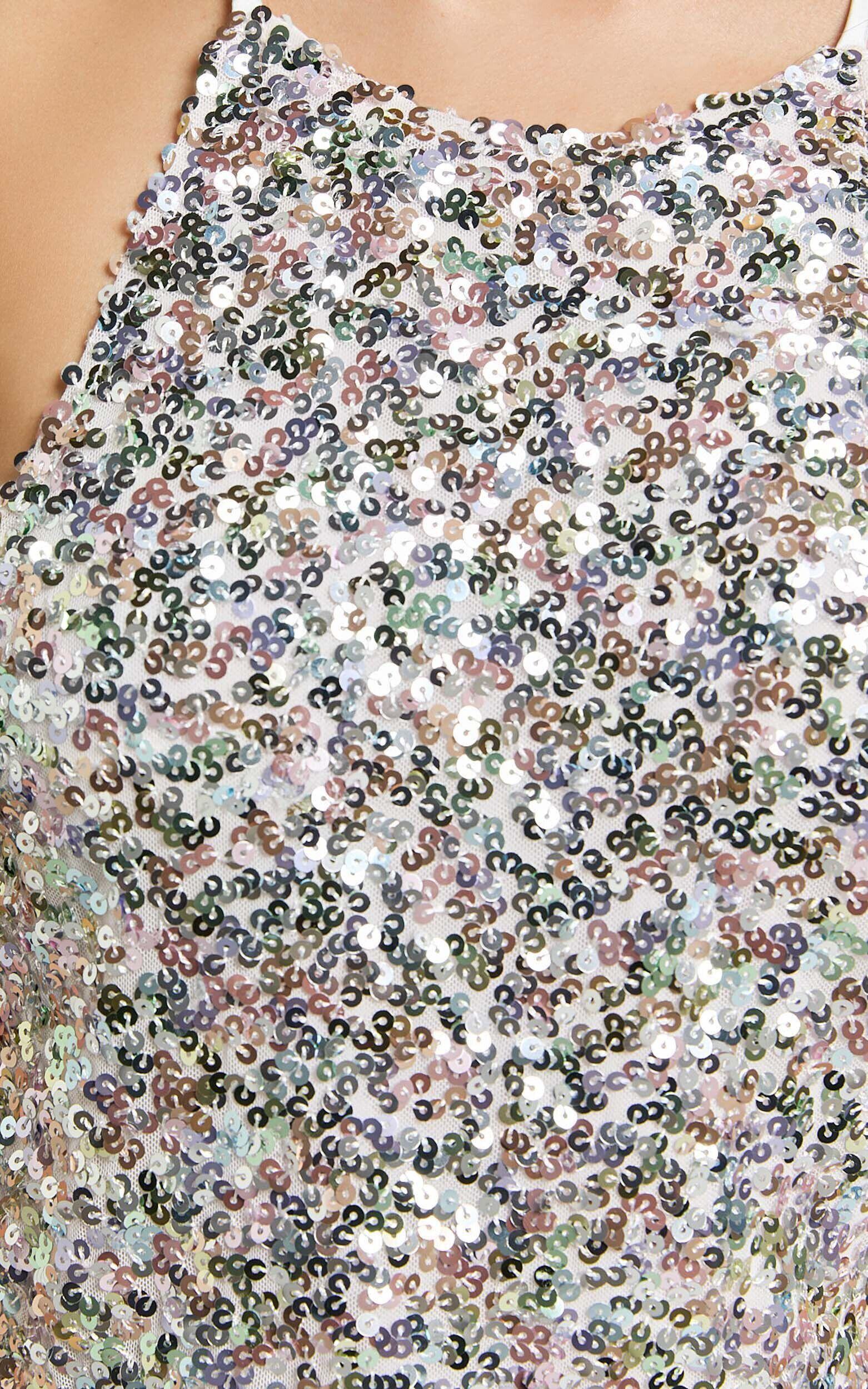 Frieda Maxi Dress - Halter Neck Cross Back Sequin Dress in Rainbow Silver Product Image