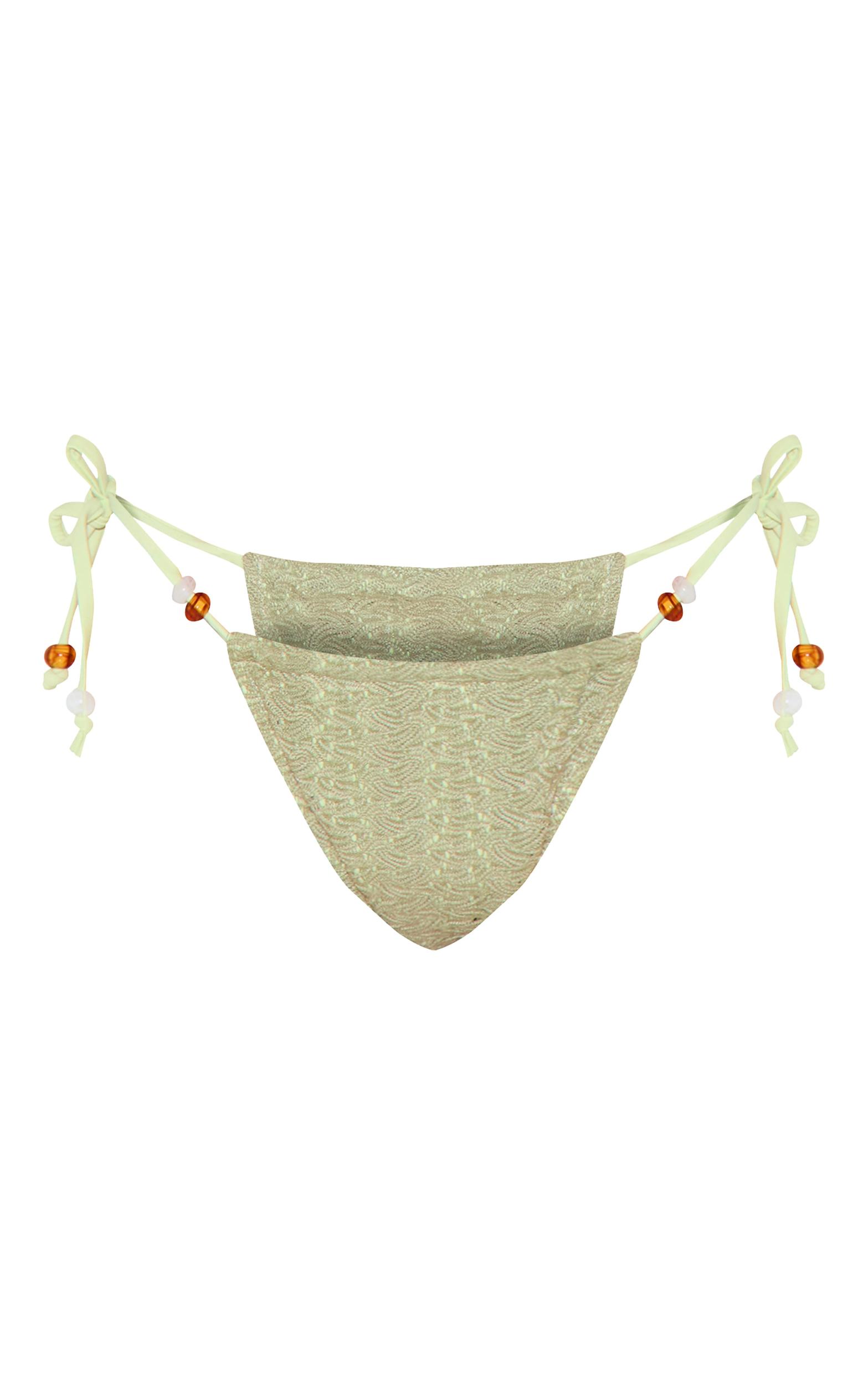 Sage Green Textured Bead Detail Tie Side Bikini Bottoms Product Image