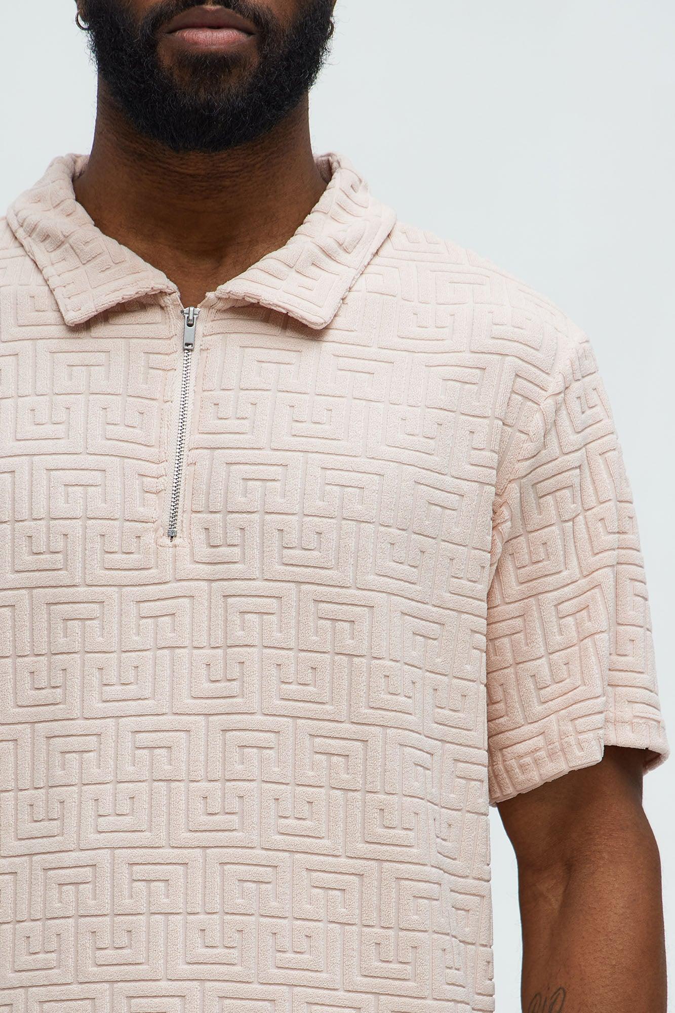 Geo Chenille Knit Quarter Zip Polo Shirt - Mauve Product Image