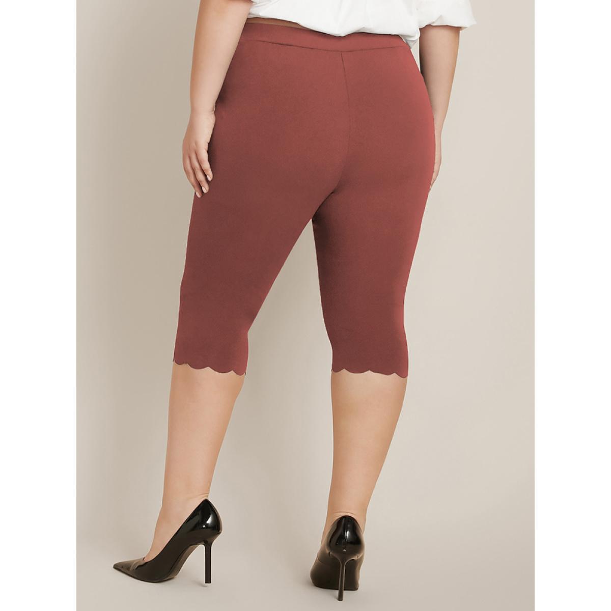 Plus Size Solid Scalloped Trim Elastic Waist Skinny Leggings Women Rust Elegant Low stretch Skinny High Rise Everyday Leggings BloomChic 18-20/2X Product Image