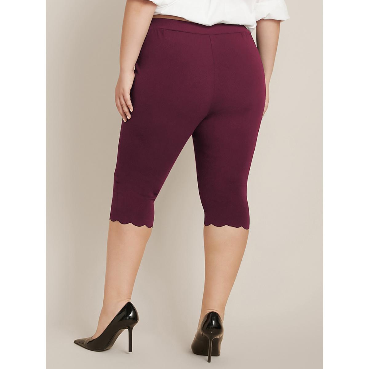 Plus Size Solid Scalloped Trim Elastic Waist Skinny Leggings Women Scarlet Elegant Low stretch Skinny High Rise Everyday Leggings BloomChic 30/6X Product Image