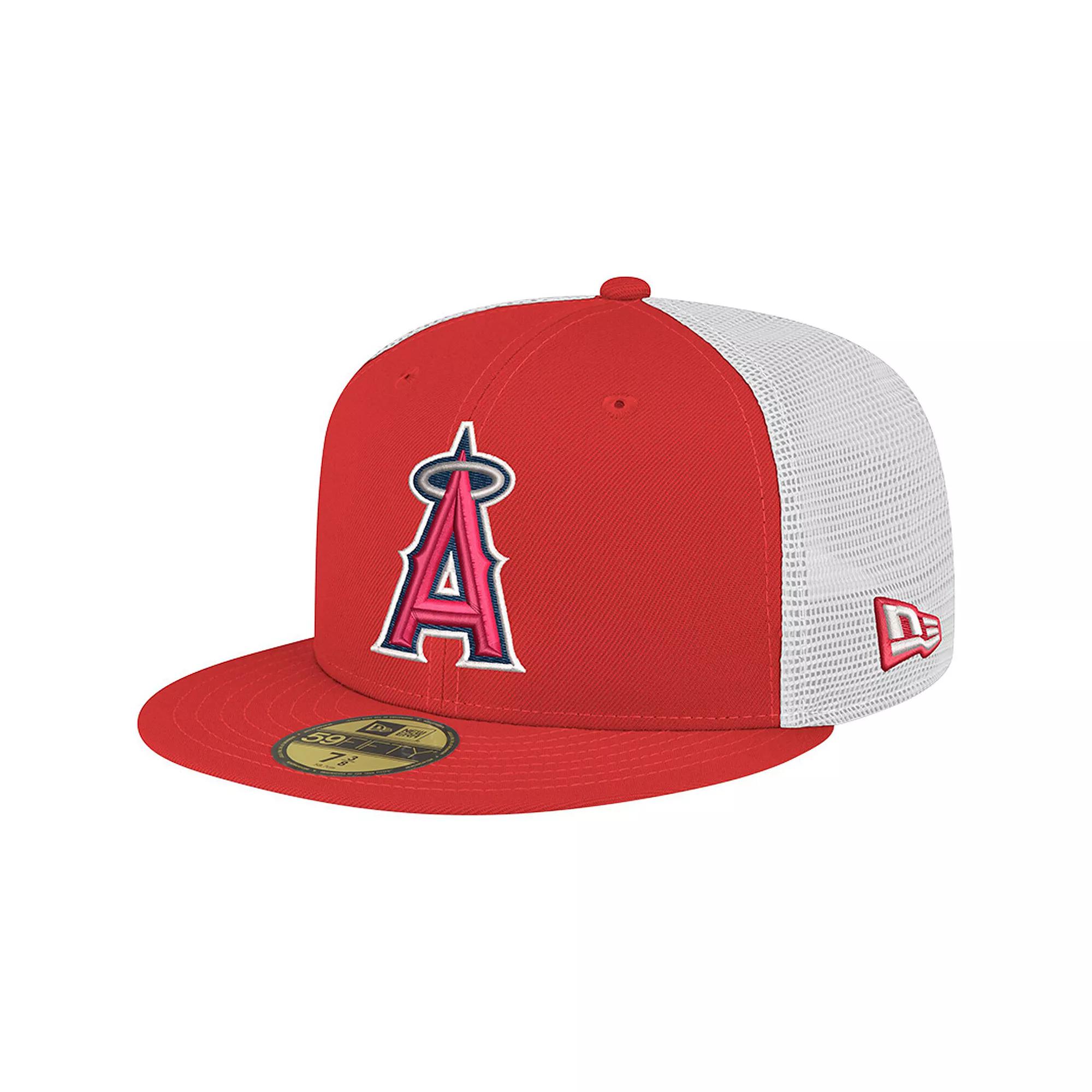 Men's New Era Red Los Angeles Angels Team Color 59FIFTY Trucker Fitted Hat, Size: 7 3/8 Product Image