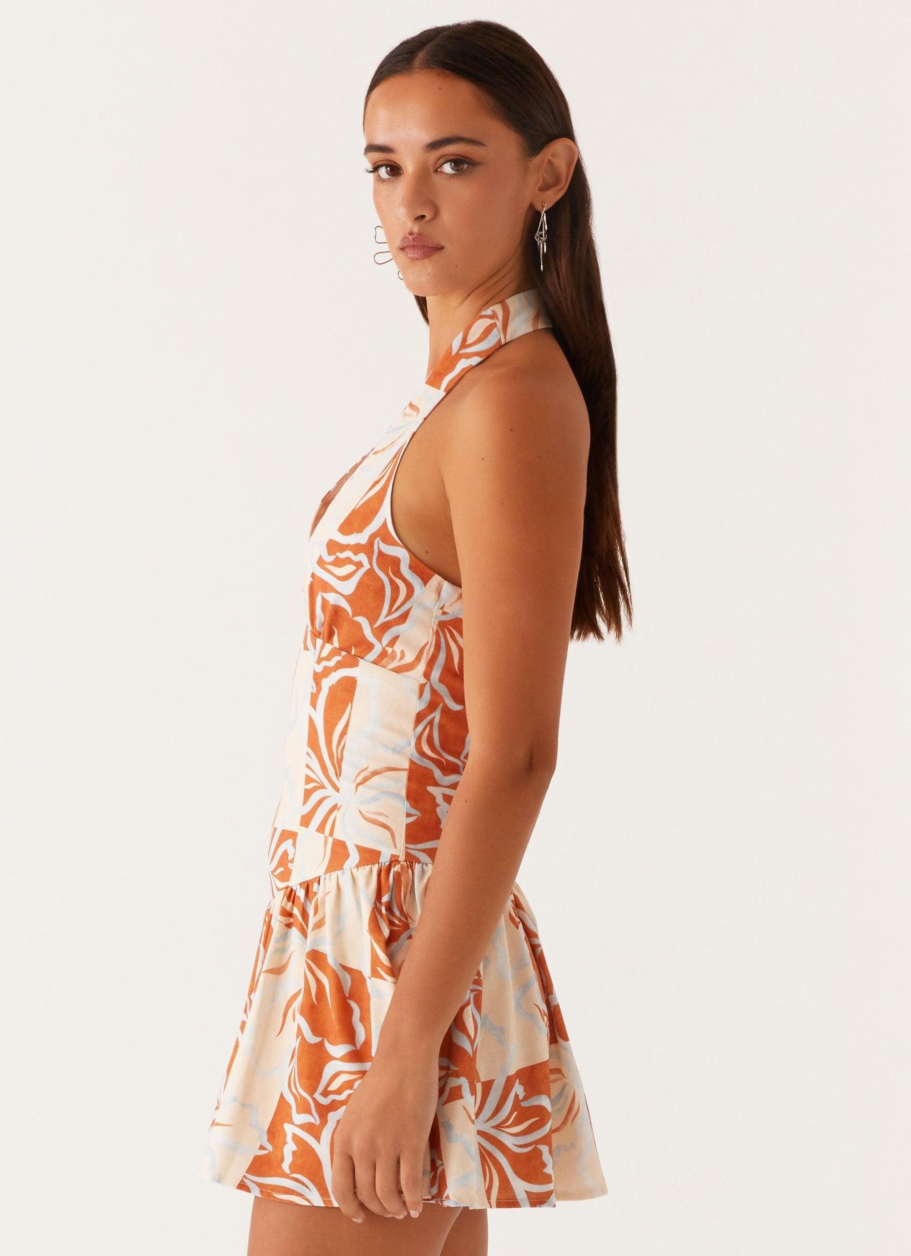 Sunset Ballad Linen Mini Dress - Orange Blue Floral Product Image