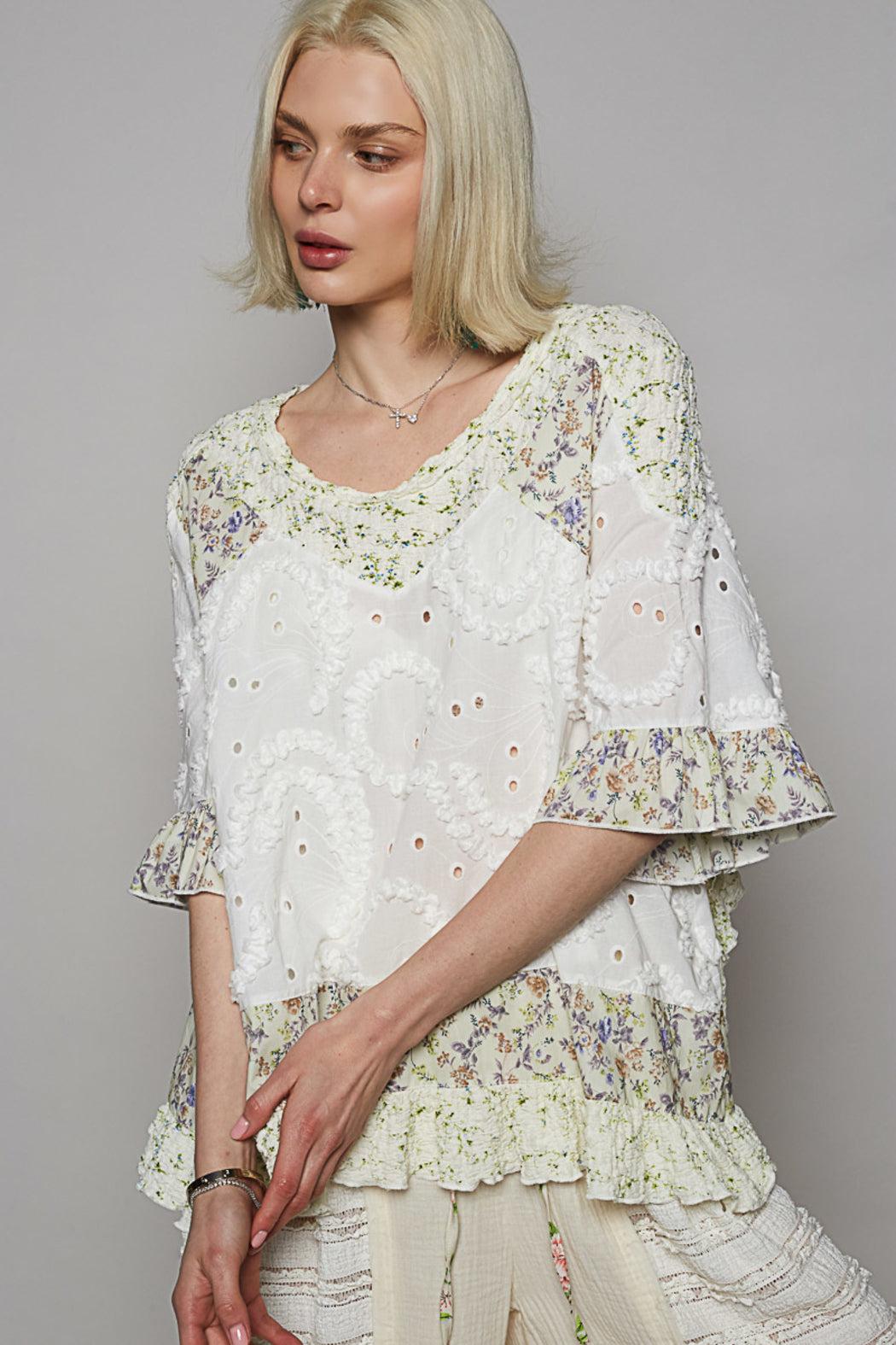 POL Off White Floral Short Sleeve Top Product Image