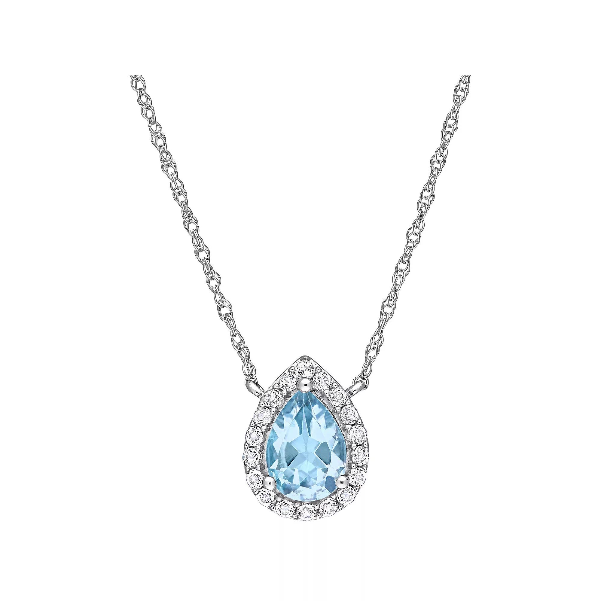 Stella Grace 10k White Gold Sky Blue Topaz & White Topaz Teardrop Halo Necklace, Women's, Size: 17" Product Image