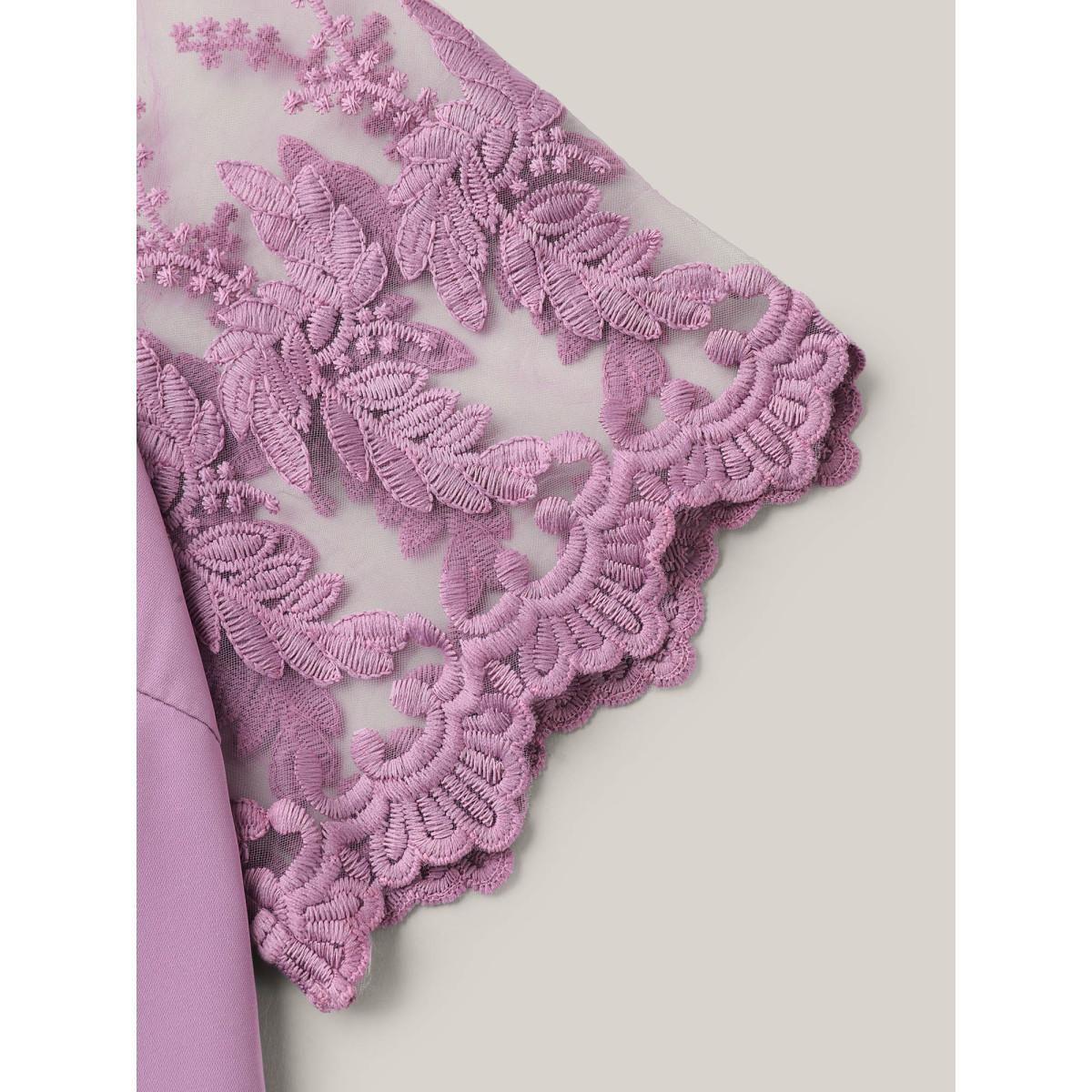 Plus Size Lilac Spliced Sheer Sleeve Plain Curvy Fit Blouse Women Elegant Short sleeve Round Neck Everyday Blouses BloomChic 28/5X Product Image