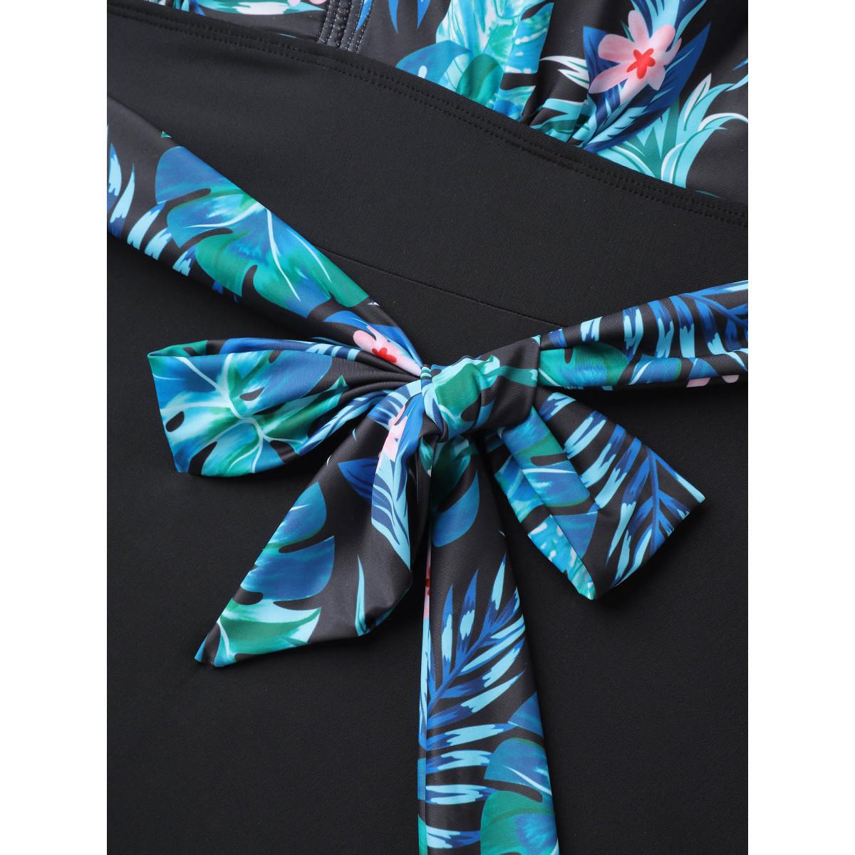 Plus Size Floral Print Spliced Ruffled Straps Swim Dress Women's Swimwear Black Beach Bodycon V-neck High stretch Curve Swim Dresses BloomChic 12/L Product Image
