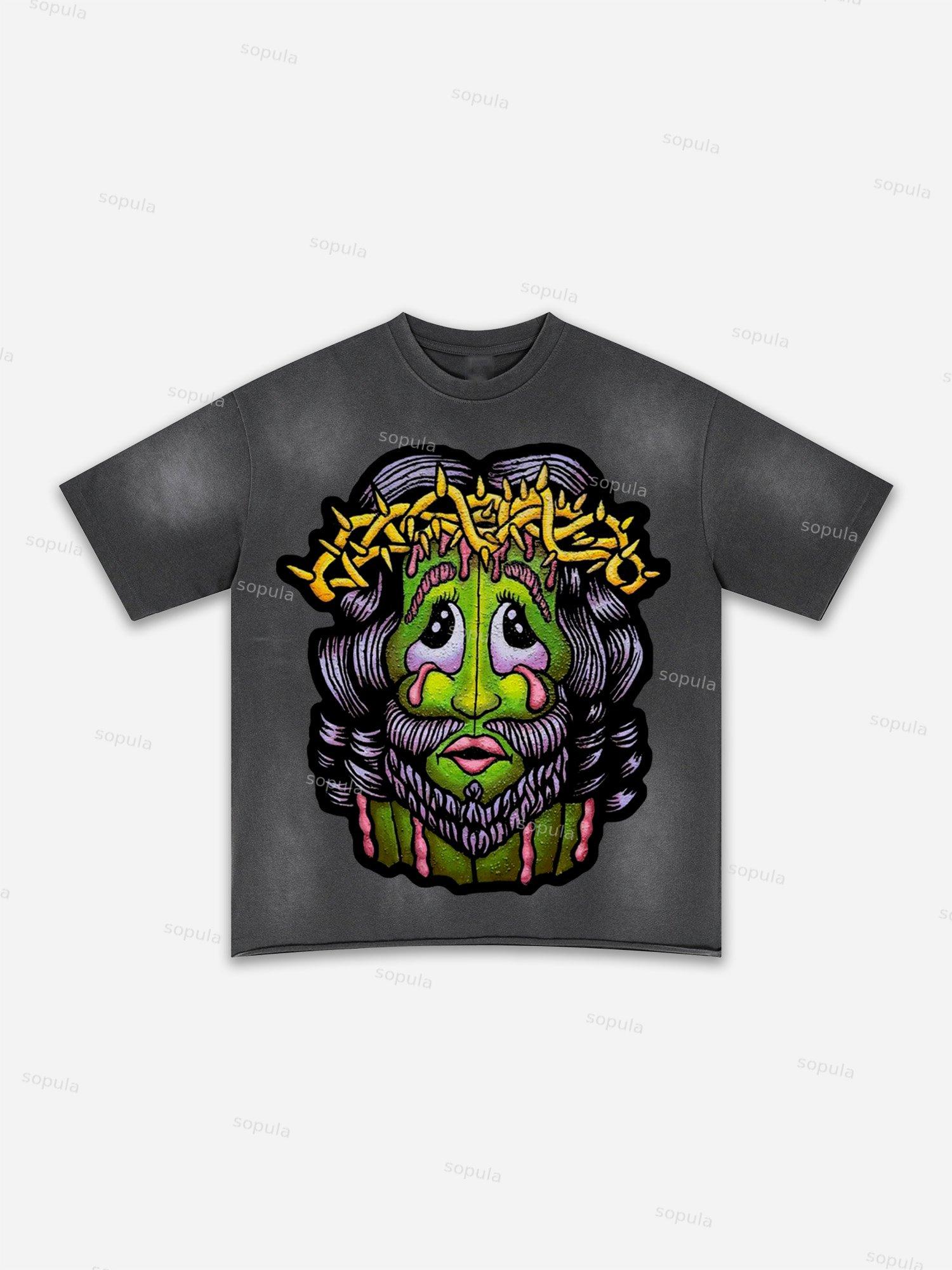 Authentic Abstract Portrait Print Washed T-shirt Product Image