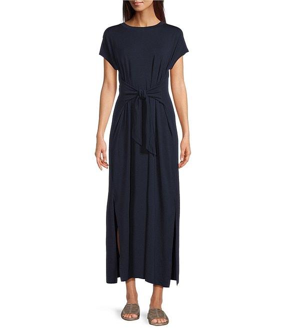 Eileen Fisher Stretch Jersey Knit Crew Neck Cap Sleeve Tie Front Midi Dress Product Image