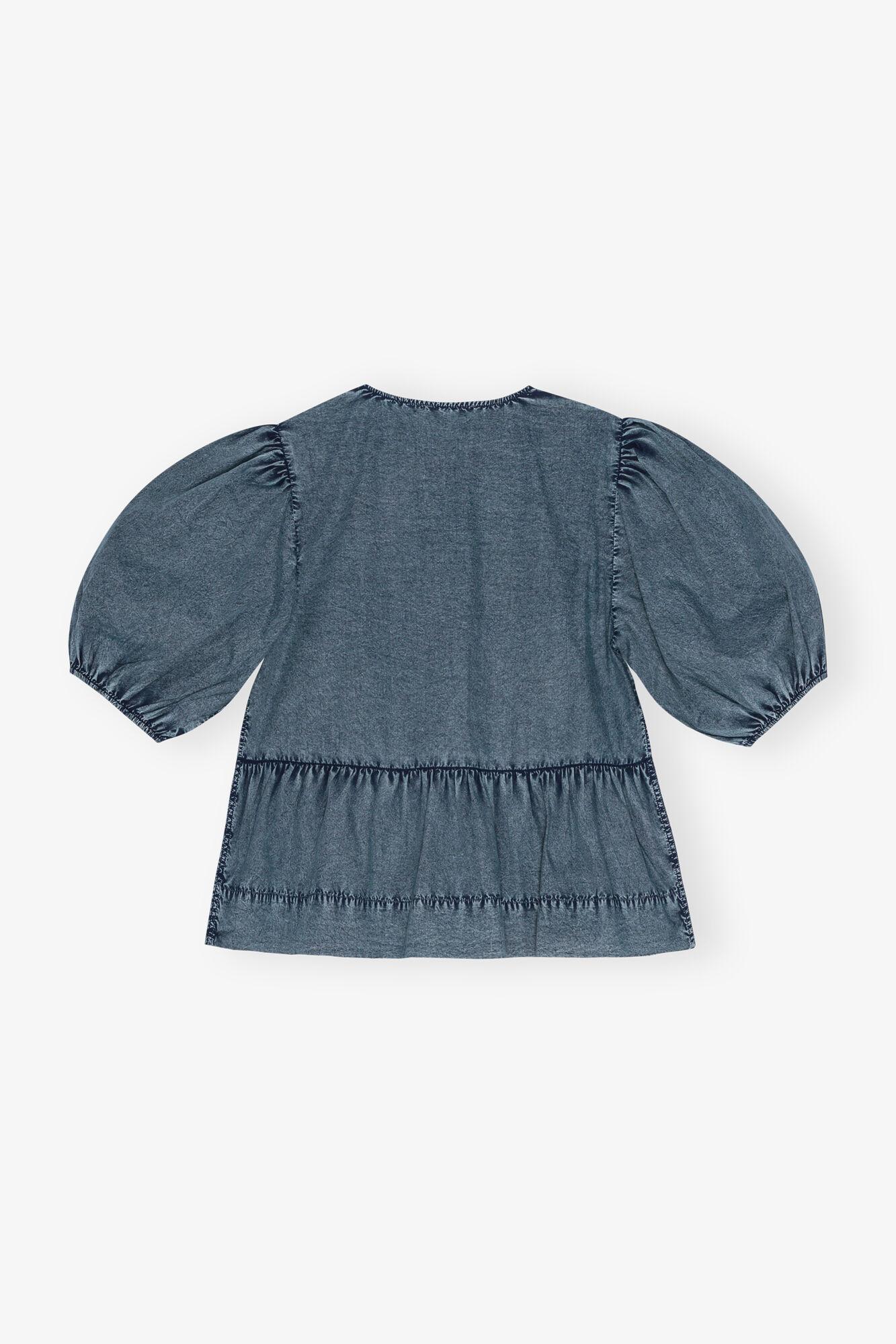 Blue Cotton Poplin Peplum Tie Blouse Product Image