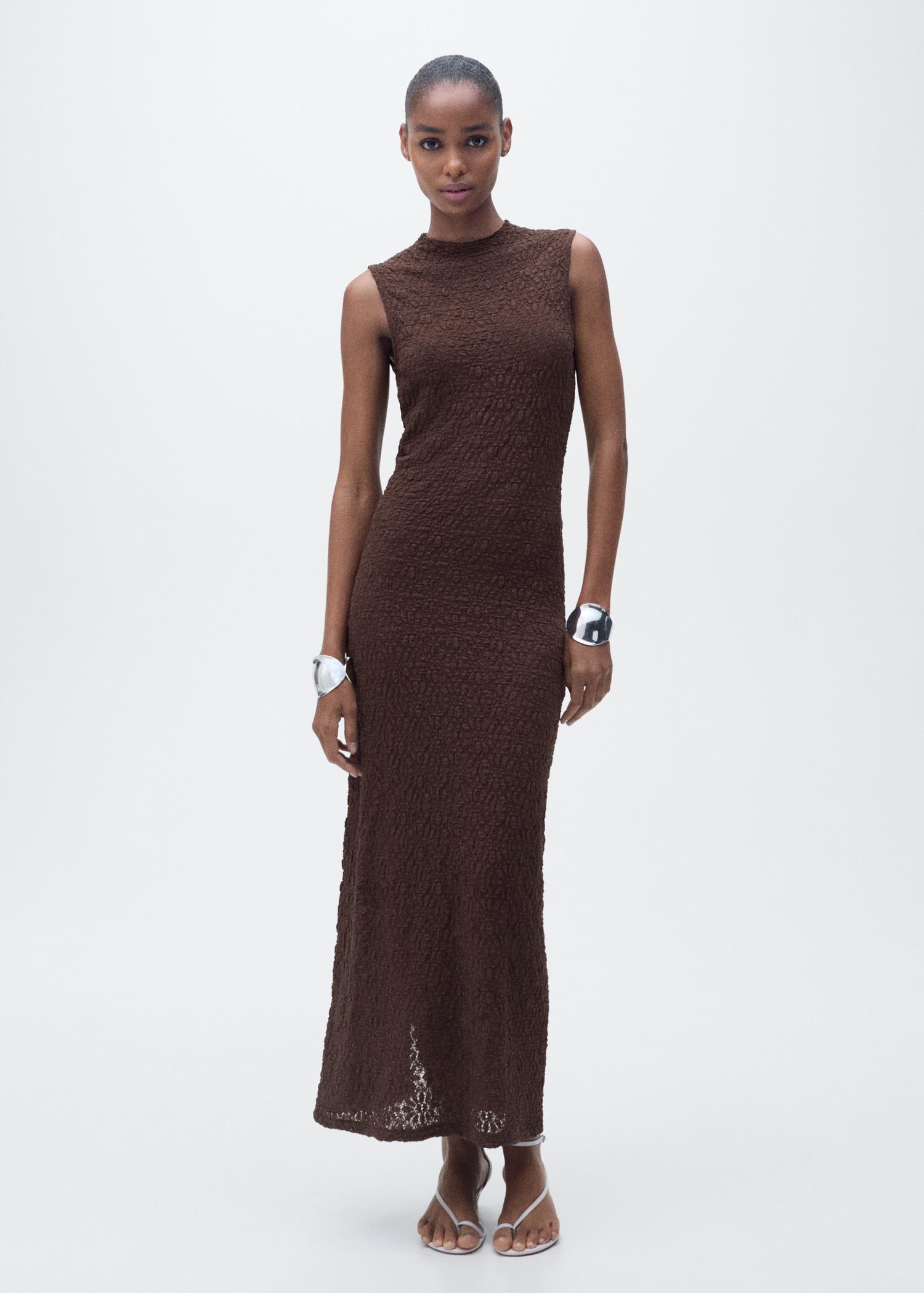 Perkins-neck textured dress - Women | MANGO USA Product Image