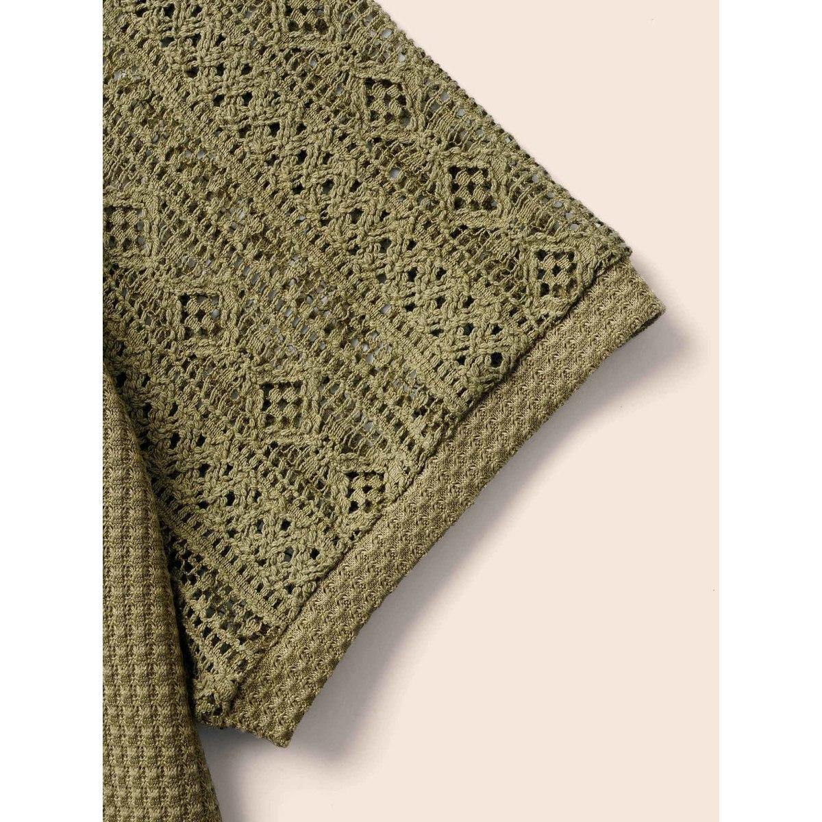 Plus Size V Neck Waffle Knit Crochet Lace T-shirt Olive Women Casual Texture V-neck Everyday T-shirts BloomChic 14-16/1X Product Image