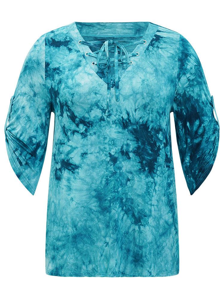 Tie Dye Roll Sleeve Lace Up T-shirt Female Product Image